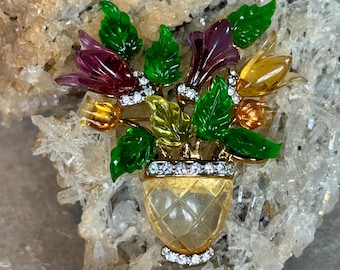 Designer JC Joseph Cleary scuplted  lucite with Rhinestone  flower vase vintage brooch