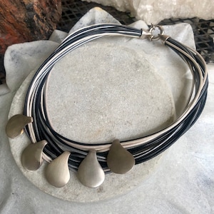 Modernist Leather Sterling Silver Vintage Bib Necklace