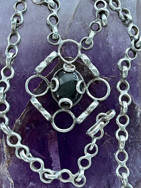 Mid Century Brutalist Sterling Silver Black Agate… - image 1