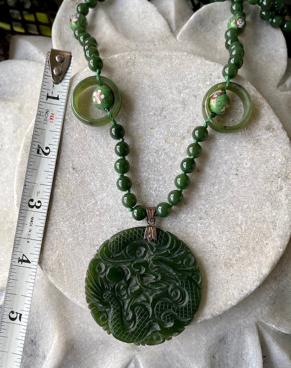 Stunning Carved Green Jade Dragon Cloisonne Long … - image 9