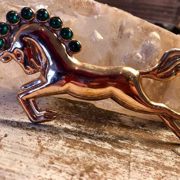 Beautiful Galloping Horse Green Jeweled Main Ruby Eye Sterling Silver Gold Gilt Vintage Brooch