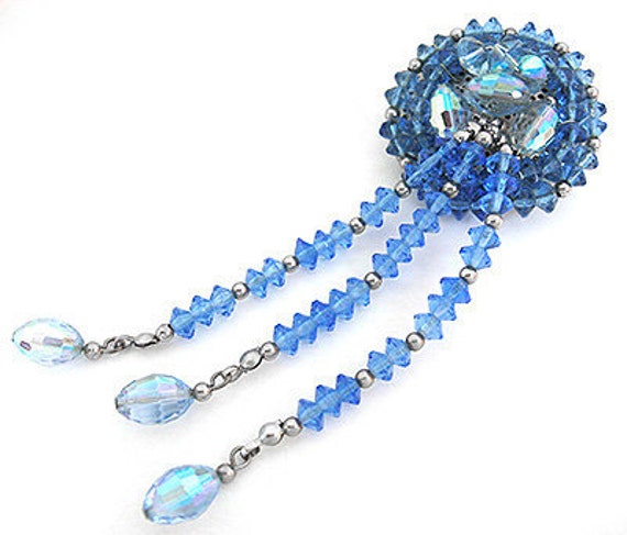 1950s Lovely Long BLUE Crystal glass bead dangle … - image 4