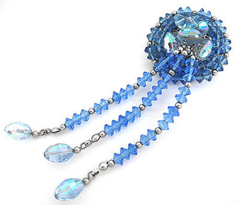 1950s Lovely Long BLUE Crystal glass bead dangle Vintage Brooch