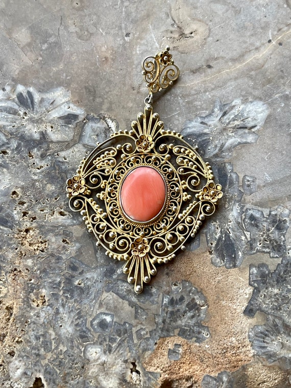 Beautiful Italian Gold Gilt Filigree Coral Vintag… - image 6