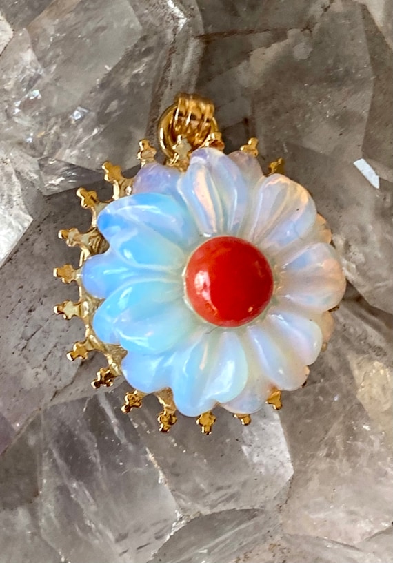 Elegant Carved Rainbow Opal Red Coral Flower Gold… - image 5