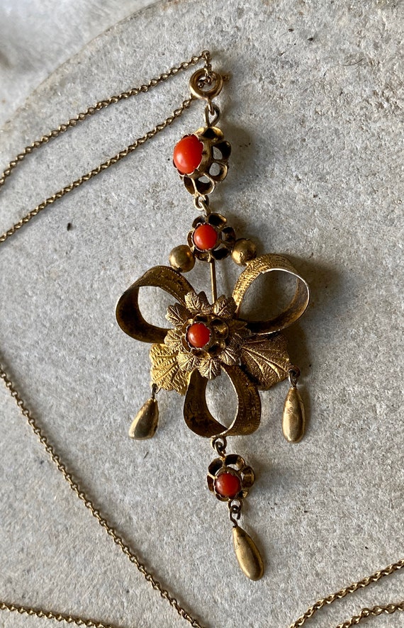 Beautiful Victorian Gold Gilt Red Coral Bow Antiq… - image 2