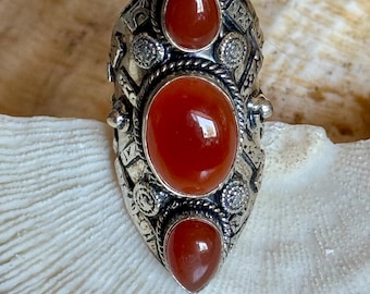 Vintage Sterling Silver Carnelian Statement Ring | Large Tribal Artisan Ring | Boho Ethnic Red Cabochon Ring | Wide Saddle Ring Size  7 3/4