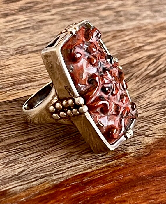 Beautiful Carved Floral Red Black Jasper Asian Mi… - image 2