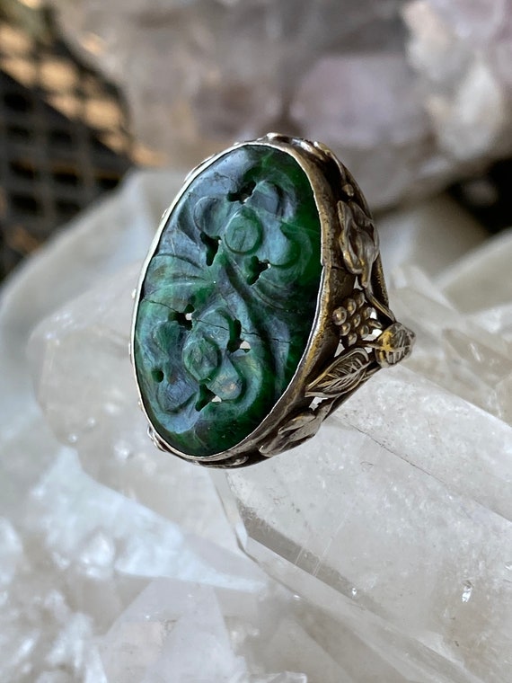 Beautiful Art Nouveau Carved Jade Sterling Silver 