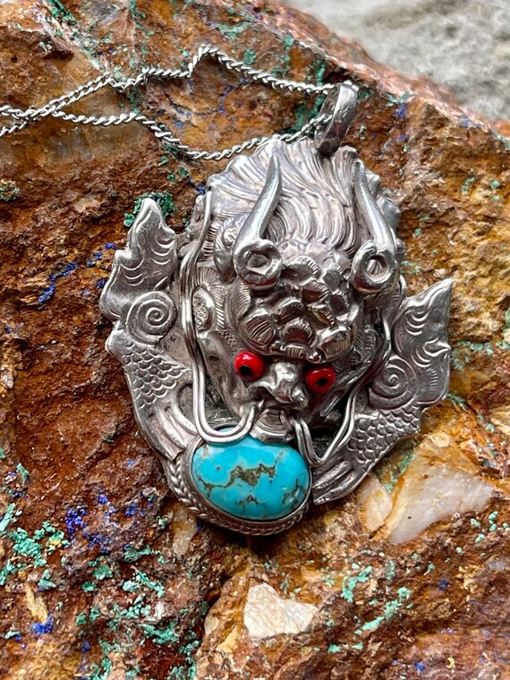 Sterling Silver Blue Turquoise Asian Dragon Vinta… - image 6
