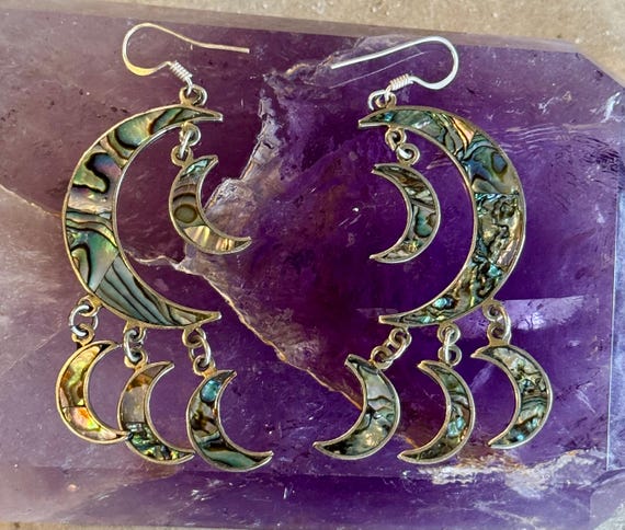 Sterling Silver Rainbow Abalone Shell Multi Cresc… - image 9