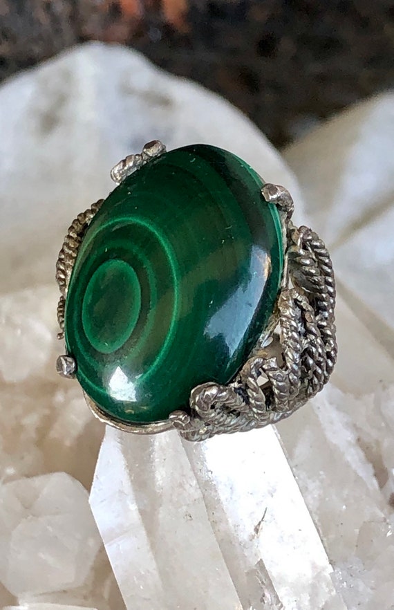 Old Victorian Brutalist Green Malachite Silver Vi… - image 3