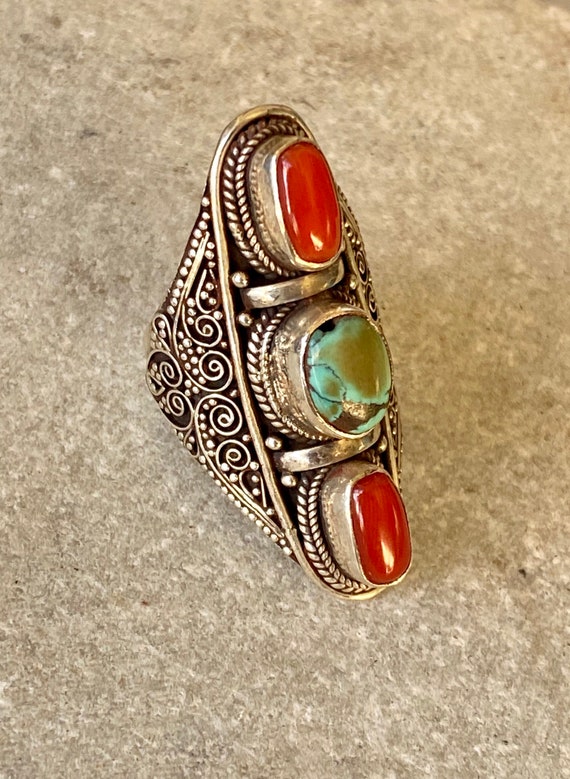 Sterling Silver Red Coral Tibetan Turquoise Long V
