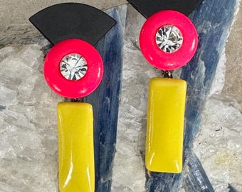 1980s Wendy Gell Neon Rhinestone Clip On Earrings – Long Geometric Art Deco Style Pink Black Lucite & Art Glass