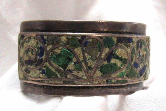 Solid Sterling Silver Mixed Green Stone Mosaic Mi… - image 2