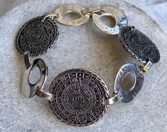 Beautiful Modernist Mayan Calendar Sterling Silver Mexican Vintage Bracelet