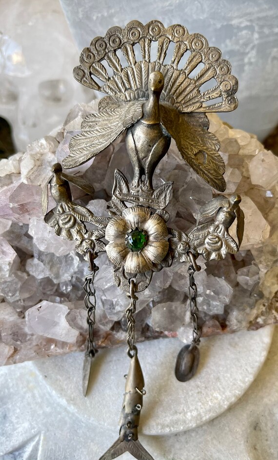 Beautiful Silver Peacock Bird Floral Antique Sash… - image 7