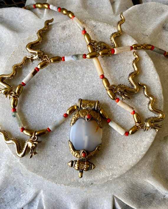 Beautiful Old Tibetan Agate Coral Brass Pendant B… - image 1