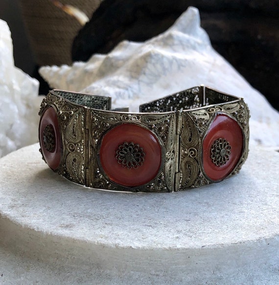 Old Chinese Silver Gilt Filigree Carnelian Vintagre Antique