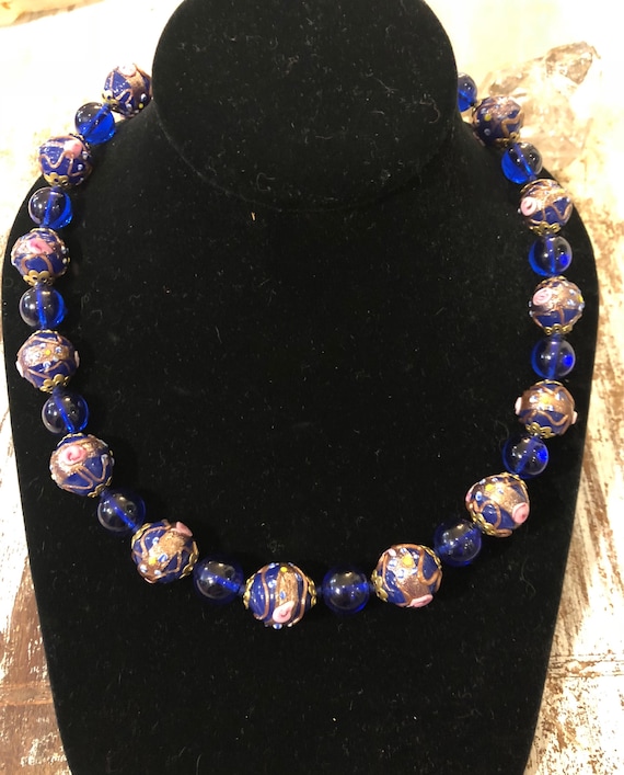 Art Nouveau Art Deco Blue Italian Wedding Cake Art Glass  Vintage Necklace