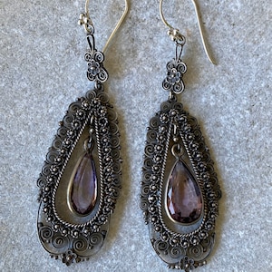 Stunning Art Nouveau Italian Sterling Silver Filigree Amethyst Antique Earrings