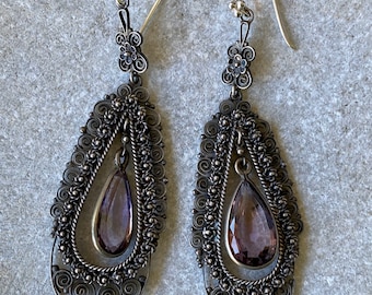 Stunning Art Nouveau Italian Sterling Silver Filigree Amethyst Antique Earrings