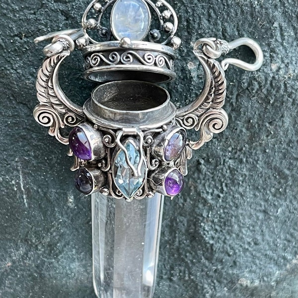 Mystic Winged Large Quartz Crystal Moonstone Amethyst  Topaz Sterling Silver Secret Compartment Vintage Pendant