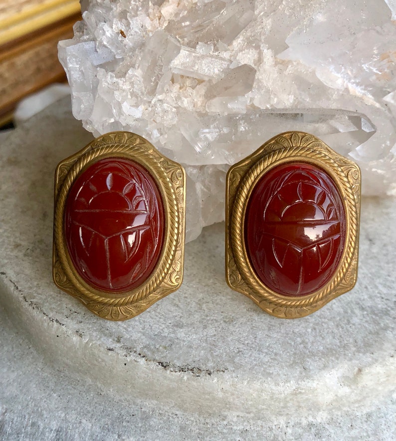 Beautiful Art Deco Egyptian Revival Scarab Carved Carnelian Art Glass Brass Vintage Clip Earrings Art Deco Earrings