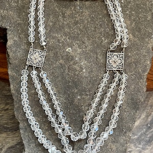 Art Nouveau Italian Facted Rock Crystal Quartz Triple Strand Sterling Filigree Festoon Vintage Bib Necklace