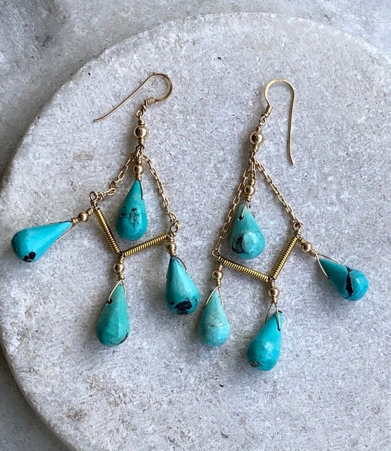 Gold Gilt Sterling Silver Turquoise Drop  Vintage… - image 3
