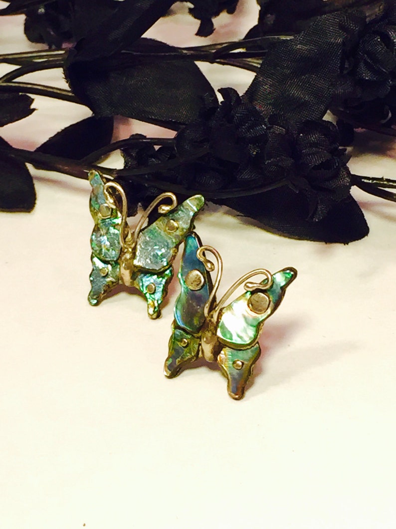 Beautiful Old Mexican Butterfly Sterling Silver Mother of Pearl Vintage Earrings image 1