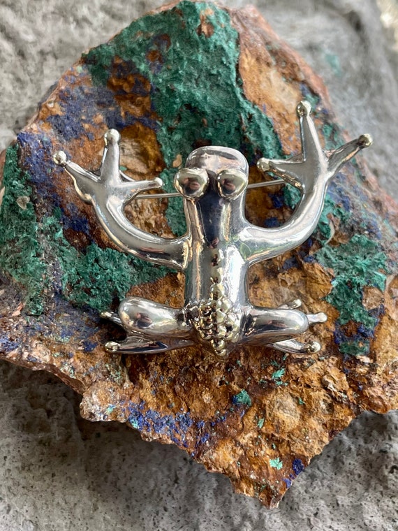 Bold Sculpted Sterling Silver Frog with Gold Accen
