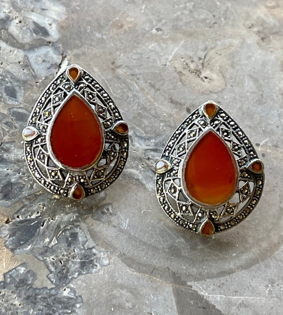 Art Deco Sterling Silver Marcasite Carnelian Vint… - image 1