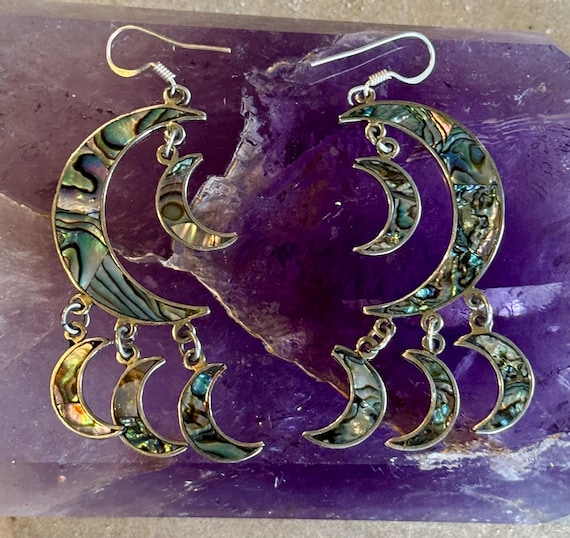 Sterling Silver Rainbow Abalone Shell Multi Cresc… - image 1