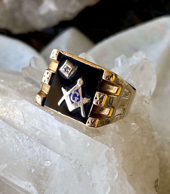 Vintage Gents Black Onyx and Diamond .035 Carat Masonic Ring 14k Gold -  Ruby Lane