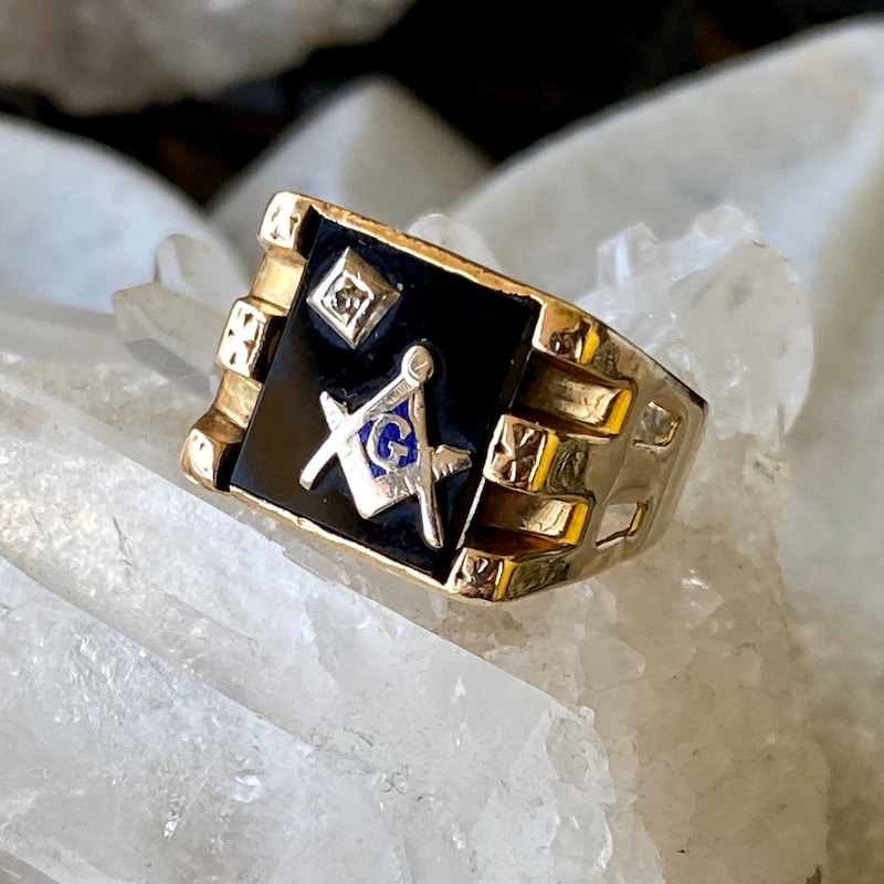 Masonic Onyx Triple Rim Silver Studs and Cufflinks Set