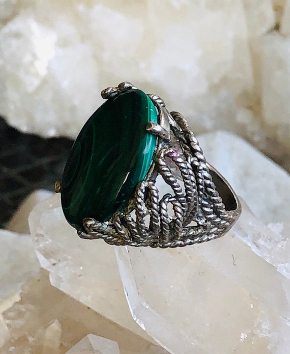 Old Victorian Brutalist Green Malachite Silver Vi… - image 2