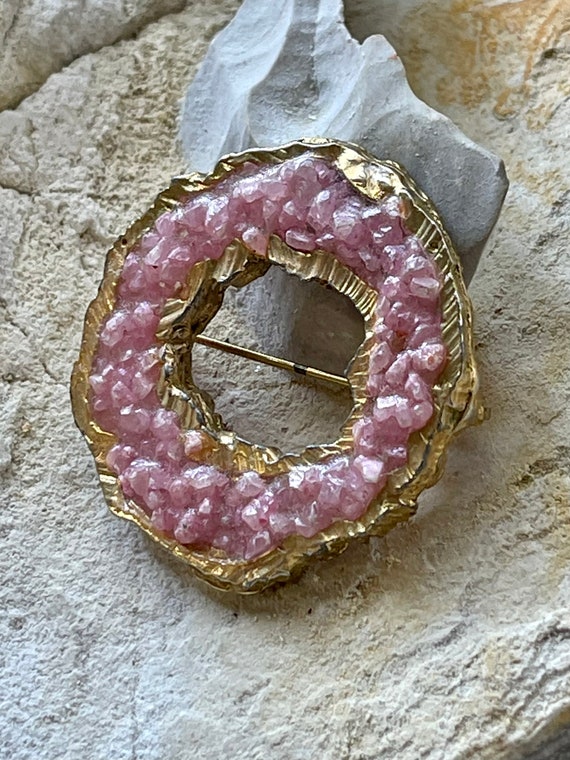 Brutalist Wearable Art Gold POP Pink Stone Resin … - image 8