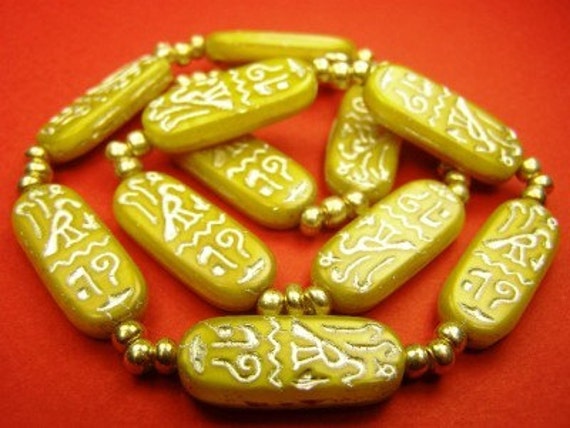 CZECH Egyptian Revival Hieroglyphs Silvered Yello… - image 1