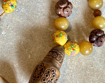 Vintage Art Deco Carved Bovine Bone Prayer Pendant Necklace Butterscotch Amber Beads Venetian Floral Yellow Glass Beads Unique