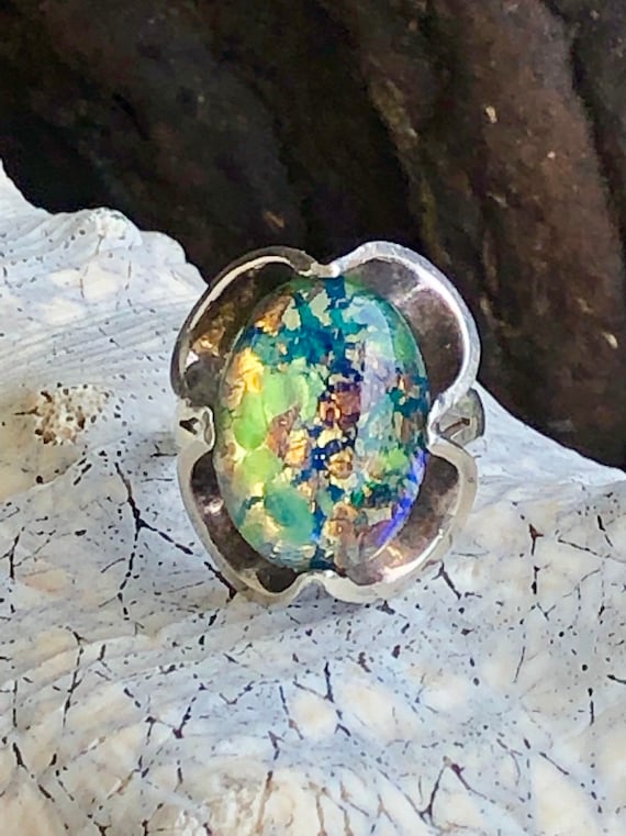 Mexican Sterling Silver Green Opal Art Glass Vinta