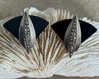 Art Deco Sterling Silver Onyx Marcasite Earrings – Vintage Black Fan French Back Pierced Jewelry