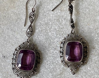 Bellissimo Art Nouveau Italiano Peruzzi Argento Filigrana Facciato Ametista Vintage Orecchini Antichi