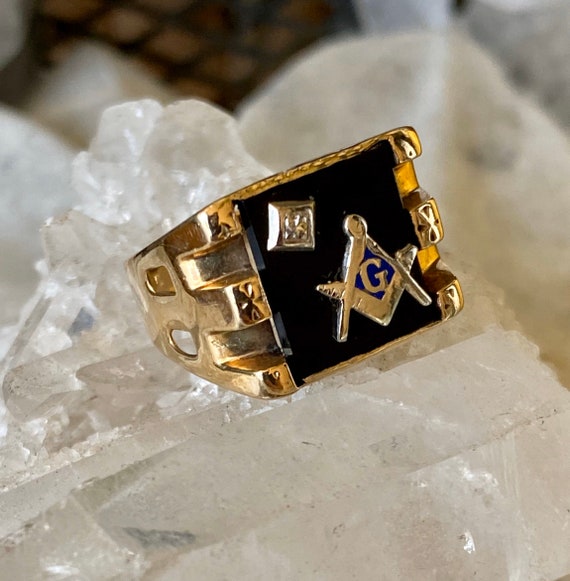 Art Deco Gold Onyx Diamond Masonic Antique Mans R… - image 2