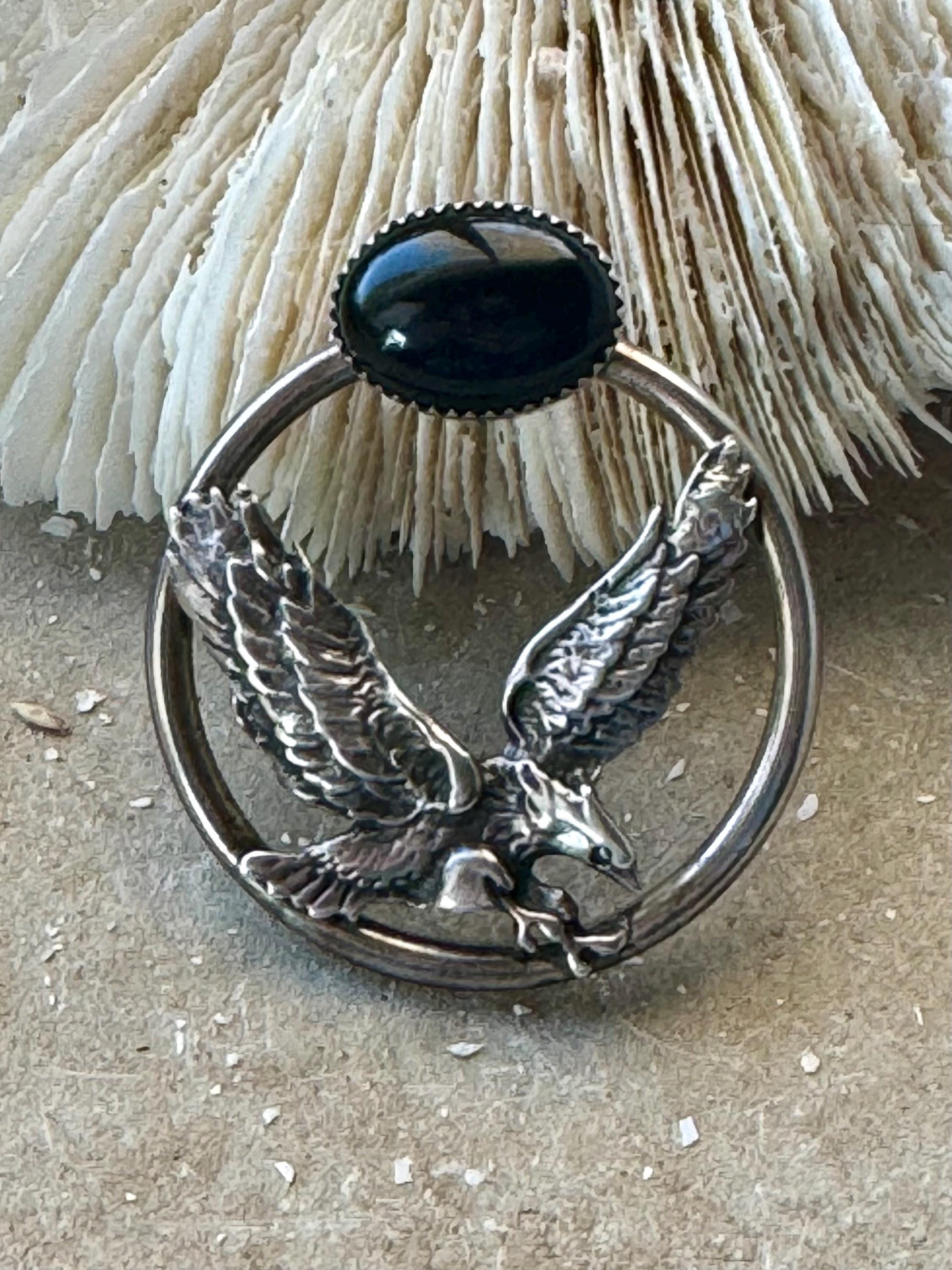 アクセサリー Sterling Silver Onyx & Eagle Necklace Sterling Silver Eagle Black Onyx Vintage Neklace Pendant Madalion