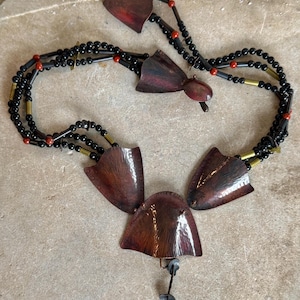 Artisan 1960s Brutalist Sculpted Copper Flower Black Onyx Glass Vintage Bib Festoon Necklace Wearable Art