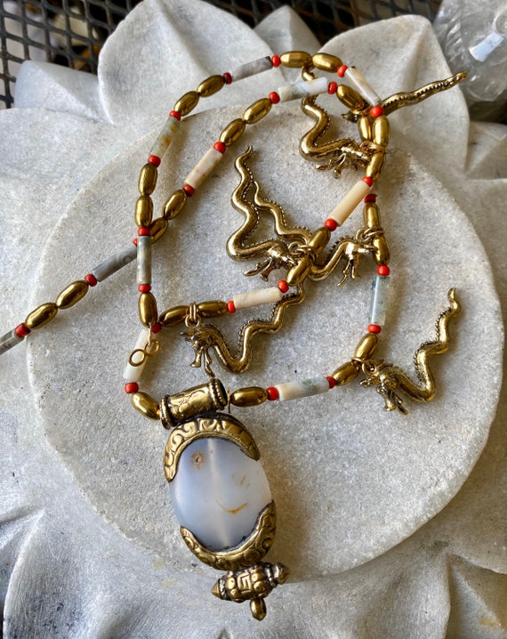 Beautiful Old Tibetan Agate Coral Brass Pendant B… - image 4