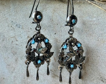 Beautiful European Sterling Silver Turquoise Birds Vintage Dangle Drop Earrings