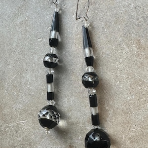 1920s Art Deco Faceted Black French Jet Quartz Crystal Long Antique Earrings