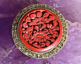 Old Chinese Carved Red Cinnabar Brooch | 1930s Silver Filigree Floral Pin | Vintage Hand Carved Round Statement Brooch